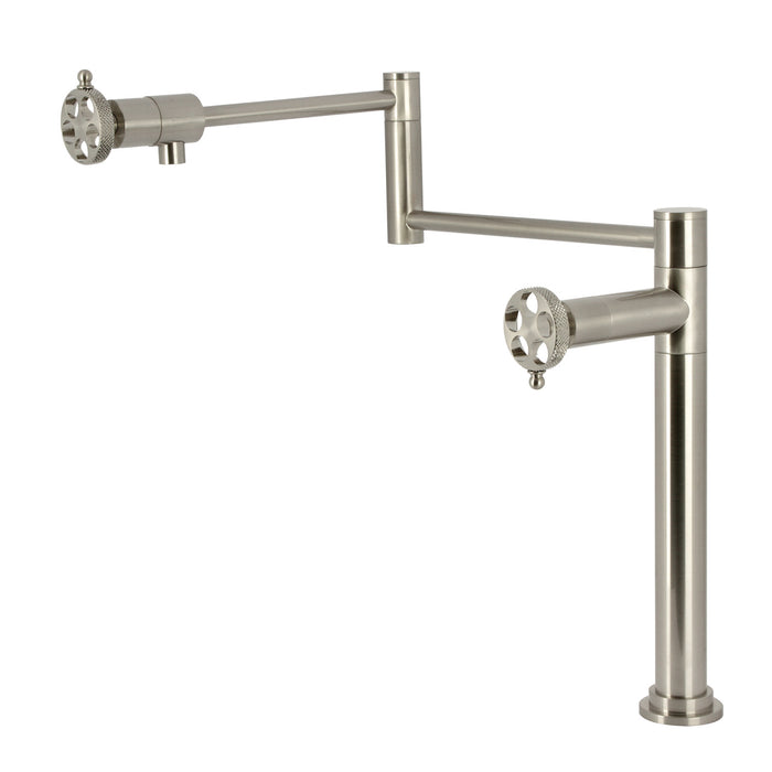 Kingston Sona KS4708RKX - Webb Two-Handle 1-Hole Deck Mount Pot Filler Faucet with Knurled Handle, Brushed Nickel