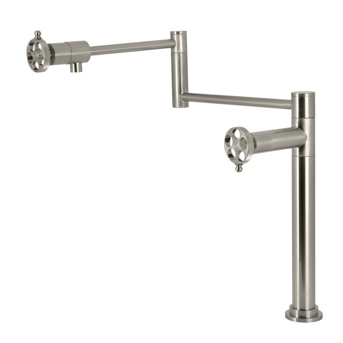 Kingston Sona KS4708RKZ - Wendell Two-Handle 1-Hole Deck Mount Pot Filler Faucet with Knurled Handle, Brushed Nickel