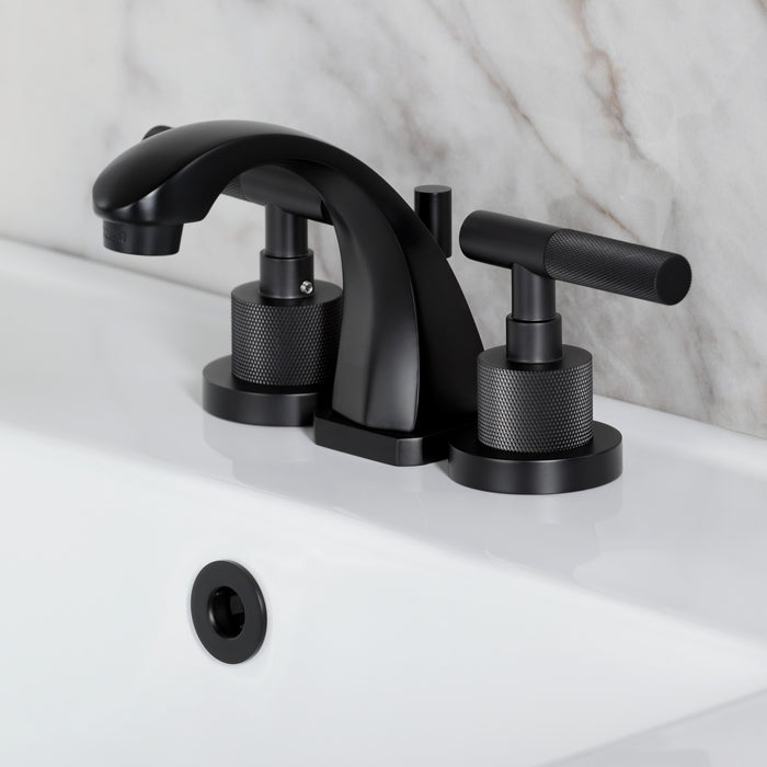 Kingston Sona KS4940KNL - Convergent Two-Handle 3-Hole Deck Mount Widespread Bathroom Faucet with Knurled Handle and Brass Pop-Up, Matte Black