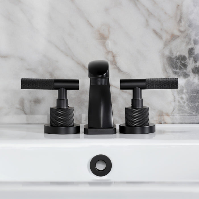 Kingston Sona KS4940KNL - Convergent Two-Handle 3-Hole Deck Mount Widespread Bathroom Faucet with Knurled Handle and Brass Pop-Up, Matte Black