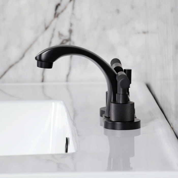 Kingston Sona KS4940KNL - Convergent Two-Handle 3-Hole Deck Mount Widespread Bathroom Faucet with Knurled Handle and Brass Pop-Up, Matte Black