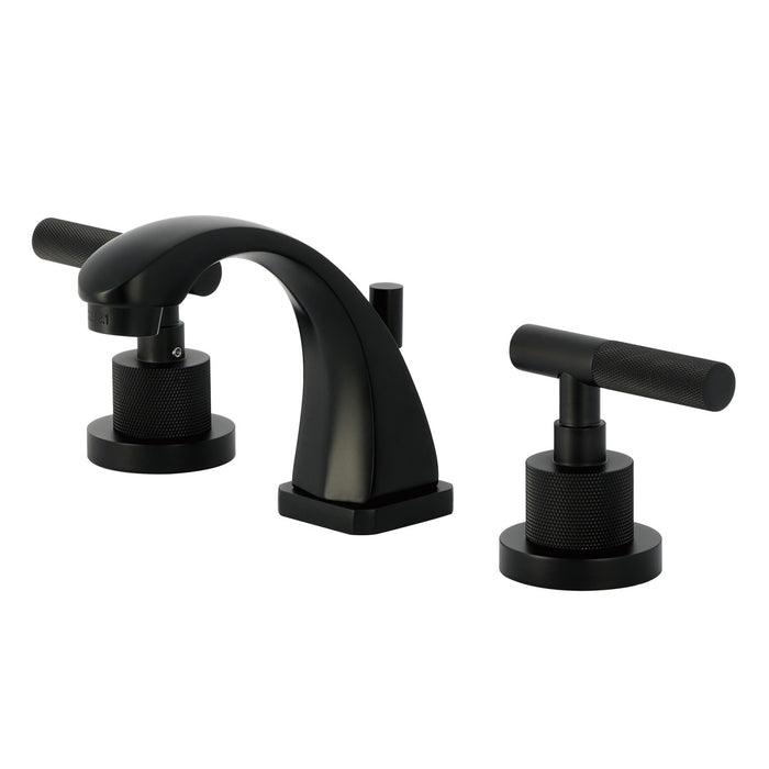 Kingston Sona KS4940KNL - Convergent Two-Handle 3-Hole Deck Mount Widespread Bathroom Faucet with Knurled Handle and Brass Pop-Up, Matte Black