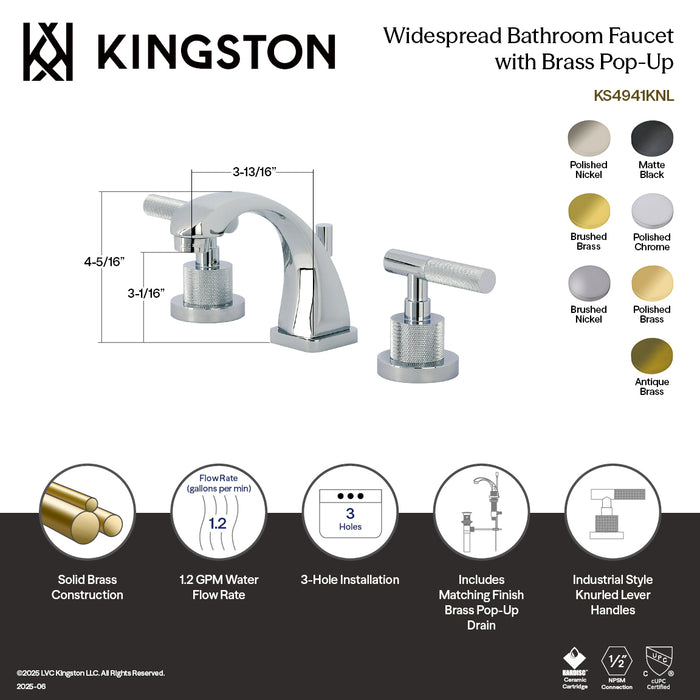 Kingston Sona KS4941KNL - Convergent Two-Handle 3-Hole Deck Mount Widespread Bathroom Faucet with Knurled Handle and Brass Pop-Up, Polished Chrome
