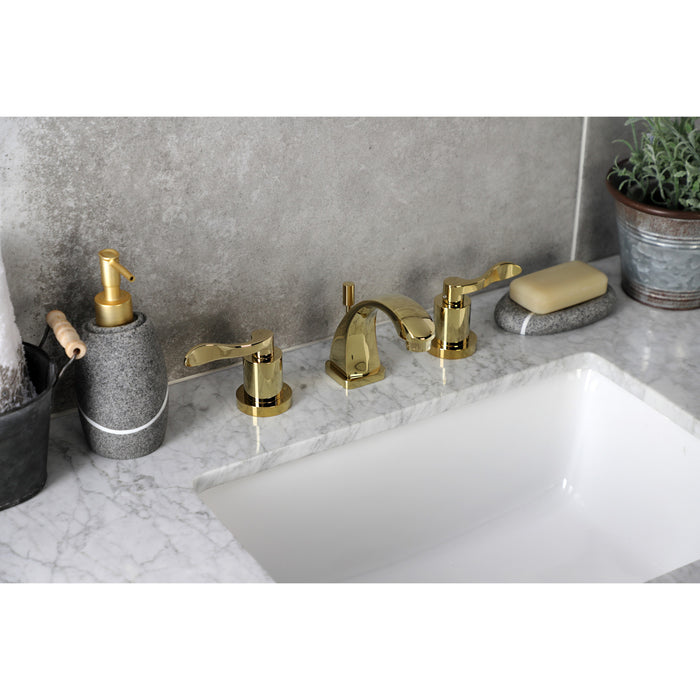 Kingston Tulare KS4942DFL - NuWave Two-Handle 3-Hole Deck Mount Widespread Bathroom Faucet with Brass Pop-Up, Polished Brass