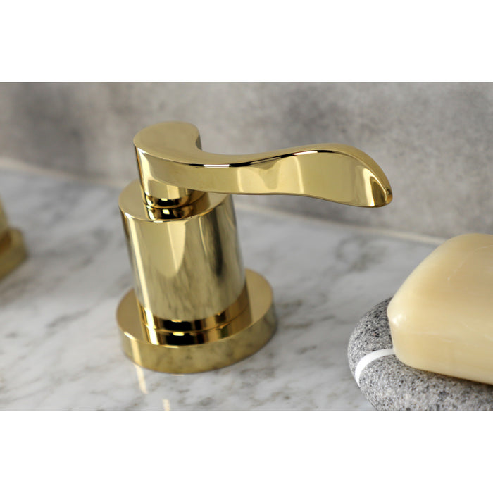 Kingston Tulare KS4942DFL - NuWave Two-Handle 3-Hole Deck Mount Widespread Bathroom Faucet with Brass Pop-Up, Polished Brass