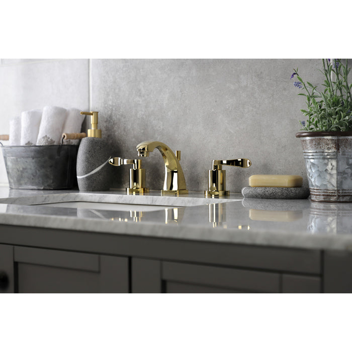 Kingston Tulare KS4942DFL - NuWave Two-Handle 3-Hole Deck Mount Widespread Bathroom Faucet with Brass Pop-Up, Polished Brass