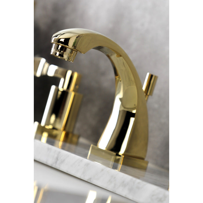 Kingston Tulare KS4942DFL - NuWave Two-Handle 3-Hole Deck Mount Widespread Bathroom Faucet with Brass Pop-Up, Polished Brass