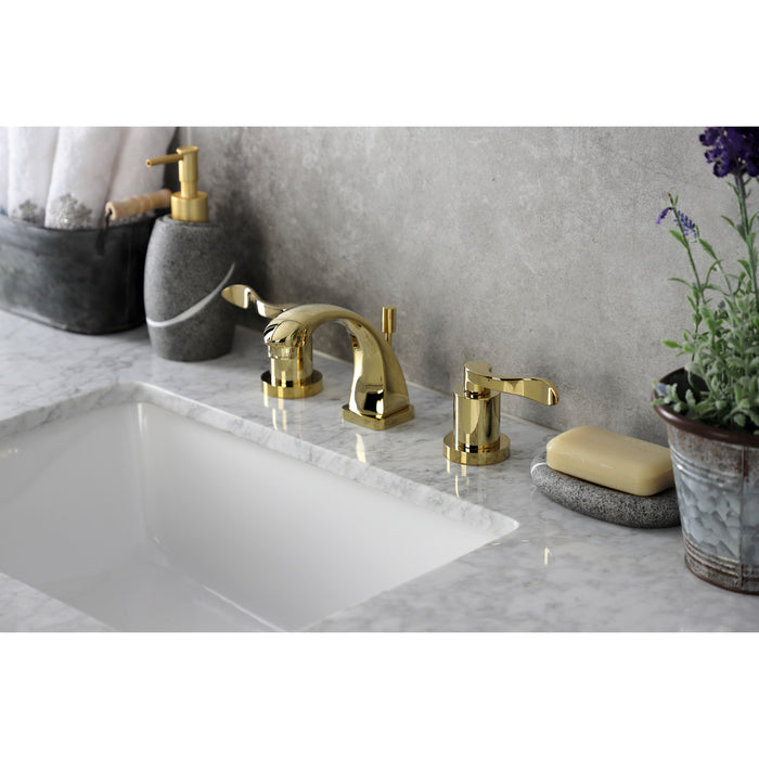 Kingston Tulare KS4942DFL - NuWave Two-Handle 3-Hole Deck Mount Widespread Bathroom Faucet with Brass Pop-Up, Polished Brass