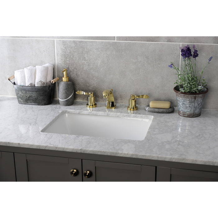 Kingston Tulare KS4942DFL - NuWave Two-Handle 3-Hole Deck Mount Widespread Bathroom Faucet with Brass Pop-Up, Polished Brass