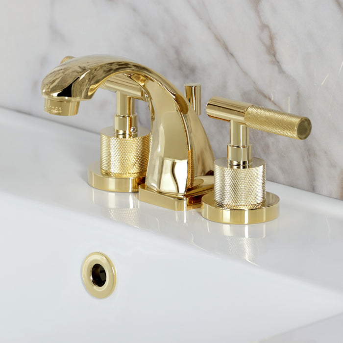 Kingston Sona KS4942KNL - Convergent Two-Handle 3-Hole Deck Mount Widespread Bathroom Faucet with Knurled Handle and Brass Pop-Up, Polished Brass