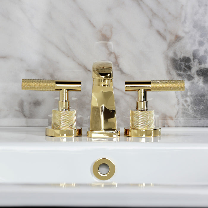 Kingston Sona KS4942KNL - Convergent Two-Handle 3-Hole Deck Mount Widespread Bathroom Faucet with Knurled Handle and Brass Pop-Up, Polished Brass