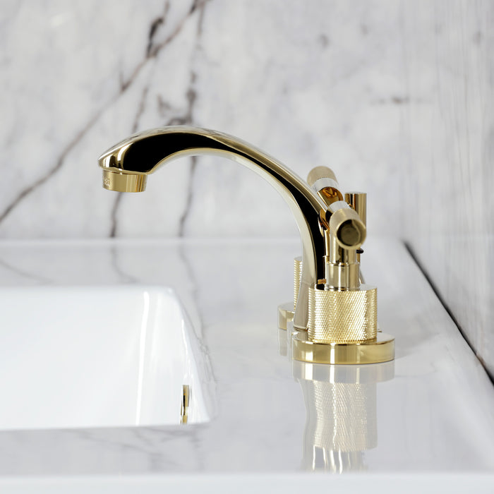 Kingston Sona KS4942KNL - Convergent Two-Handle 3-Hole Deck Mount Widespread Bathroom Faucet with Knurled Handle and Brass Pop-Up, Polished Brass