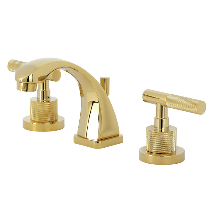 Kingston Sona KS4942KNL - Convergent Two-Handle 3-Hole Deck Mount Widespread Bathroom Faucet with Knurled Handle and Brass Pop-Up, Polished Brass