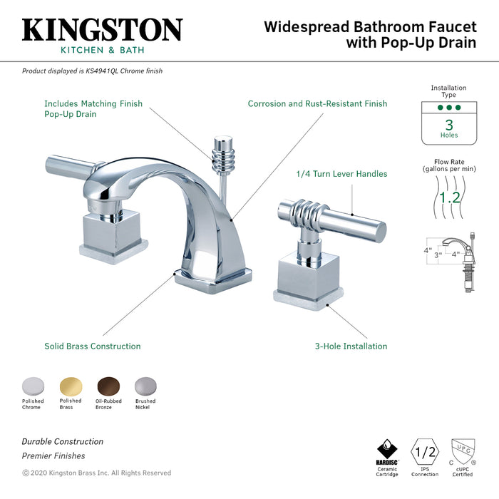 Kingston Tulare KS4942QL - Milano Two-Handle 3-Hole Deck Mount Widespread Bathroom Faucet with Brass Pop-Up, Polished Brass