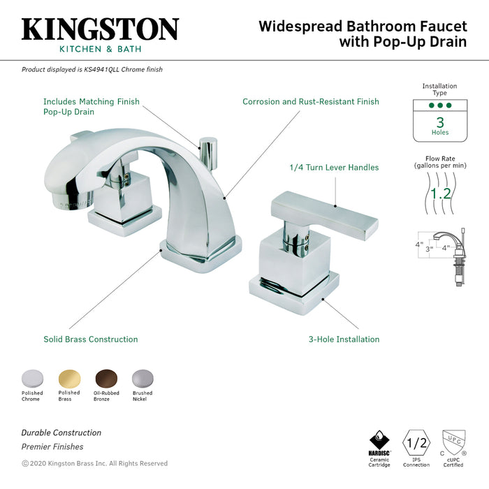 Kingston Sona KS4942QLL - Executive Two-Handle 3-Hole Deck Mount Widespread Bathroom Faucet with Brass Pop-Up, Polished Brass