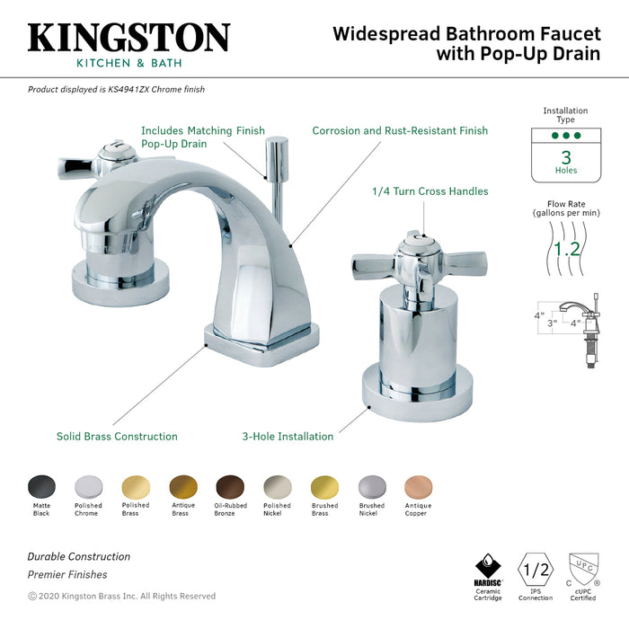 Kingston Tulare KS4942ZX - Millennium Two-Handle 3-Hole Deck Mount Widespread Bathroom Faucet with Brass Pop-Up, Polished Brass