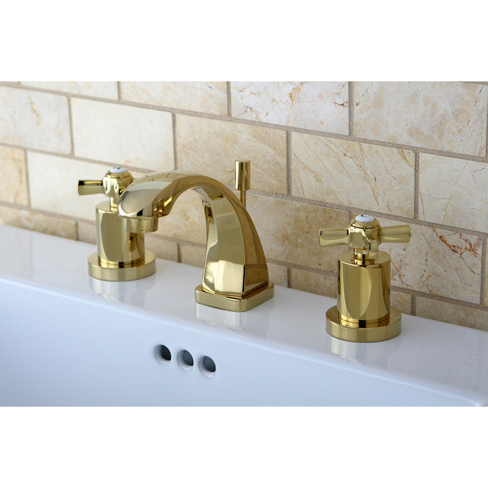 Kingston Tulare KS4942ZX - Millennium Two-Handle 3-Hole Deck Mount Widespread Bathroom Faucet with Brass Pop-Up, Polished Brass