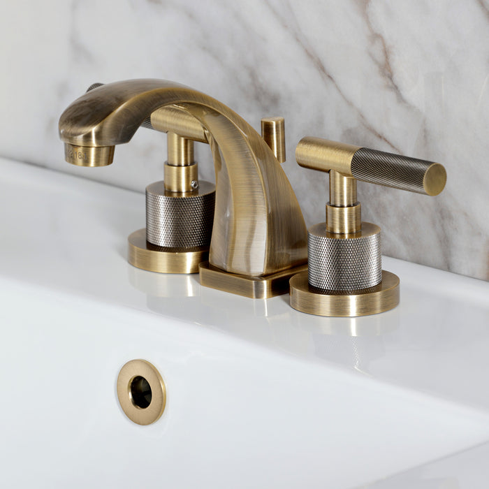 Kingston Sona KS4943KNL - Convergent Two-Handle 3-Hole Deck Mount Widespread Bathroom Faucet with Knurled Handle and Brass Pop-Up, Antique Brass