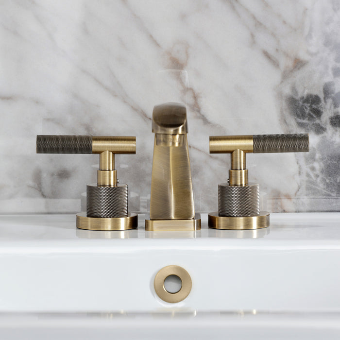 Kingston Sona KS4943KNL - Convergent Two-Handle 3-Hole Deck Mount Widespread Bathroom Faucet with Knurled Handle and Brass Pop-Up, Antique Brass