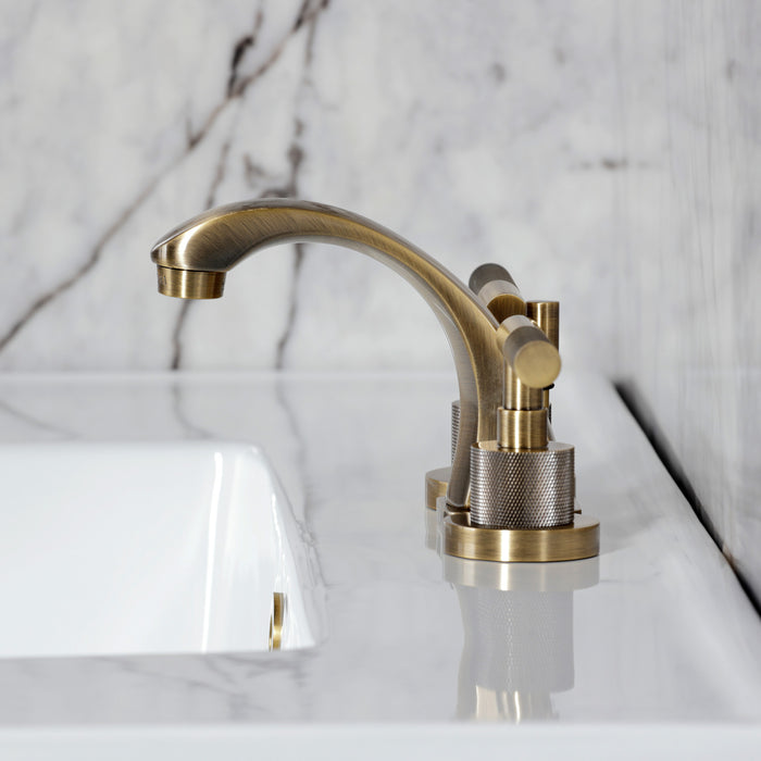 Kingston Sona KS4943KNL - Convergent Two-Handle 3-Hole Deck Mount Widespread Bathroom Faucet with Knurled Handle and Brass Pop-Up, Antique Brass