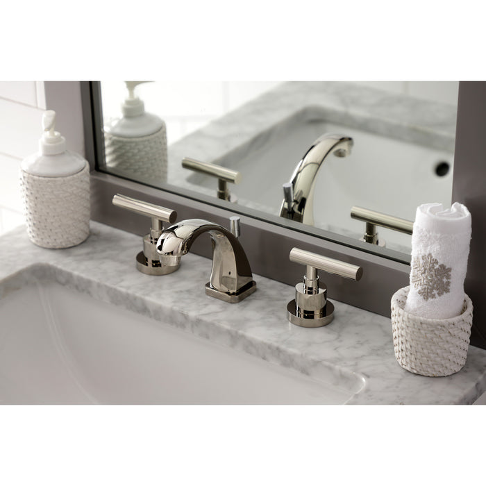 Kingston Tulare KS4946CML - Manhattan Two-Handle 3-Hole Deck Mount Widespread Bathroom Faucet with Brass Pop-Up, Polished Nickel
