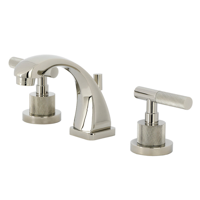 Kingston Sona KS4946KNL - Convergent Two-Handle 3-Hole Deck Mount Widespread Bathroom Faucet with Knurled Handle and Brass Pop-Up, Polished Nickel