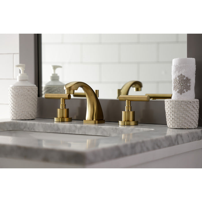 Kingston Tulare KS4947CML - Manhattan Two-Handle 3-Hole Deck Mount Widespread Bathroom Faucet with Brass Pop-Up, Brushed Brass