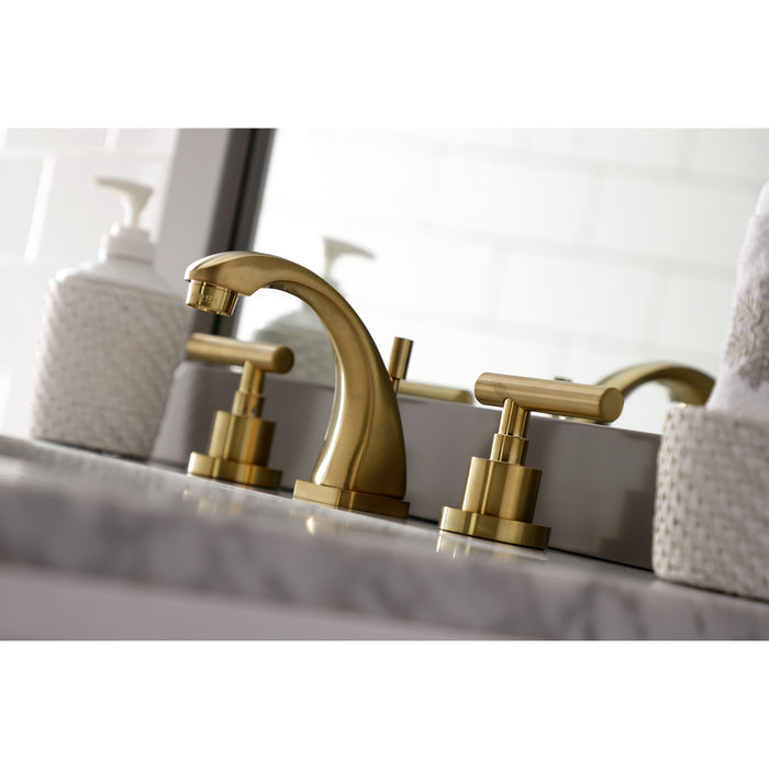 Kingston Tulare KS4947CML - Manhattan Two-Handle 3-Hole Deck Mount Widespread Bathroom Faucet with Brass Pop-Up, Brushed Brass