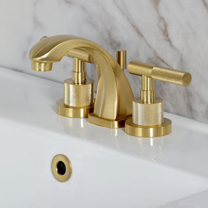 Kingston Sona KS4947KNL - Convergent Two-Handle 3-Hole Deck Mount Widespread Bathroom Faucet with Knurled Handle and Brass Pop-Up, Brushed Brass