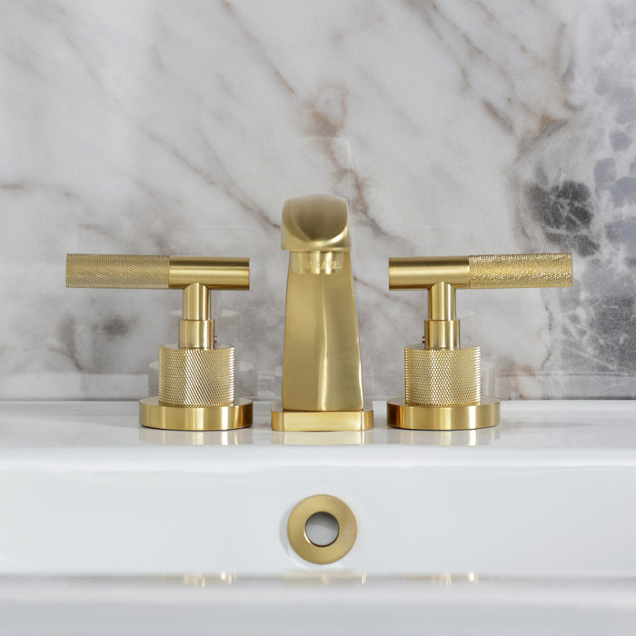 Kingston Sona KS4947KNL - Convergent Two-Handle 3-Hole Deck Mount Widespread Bathroom Faucet with Knurled Handle and Brass Pop-Up, Brushed Brass