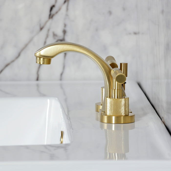 Kingston Sona KS4947KNL - Convergent Two-Handle 3-Hole Deck Mount Widespread Bathroom Faucet with Knurled Handle and Brass Pop-Up, Brushed Brass