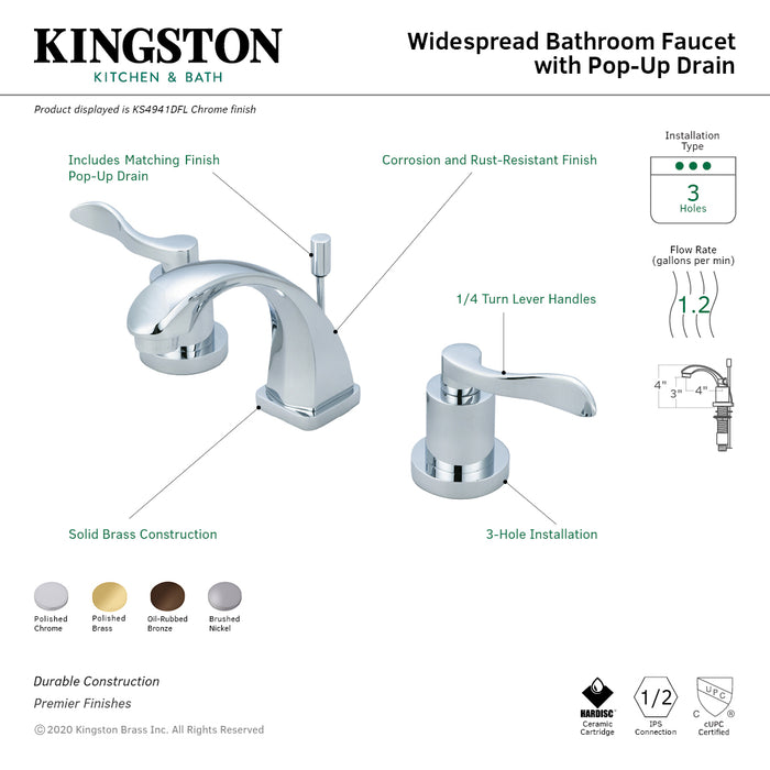 Kingston Tulare KS4948DFL - NuWave Two-Handle 3-Hole Deck Mount Widespread Bathroom Faucet with Brass Pop-Up, Brushed Nickel