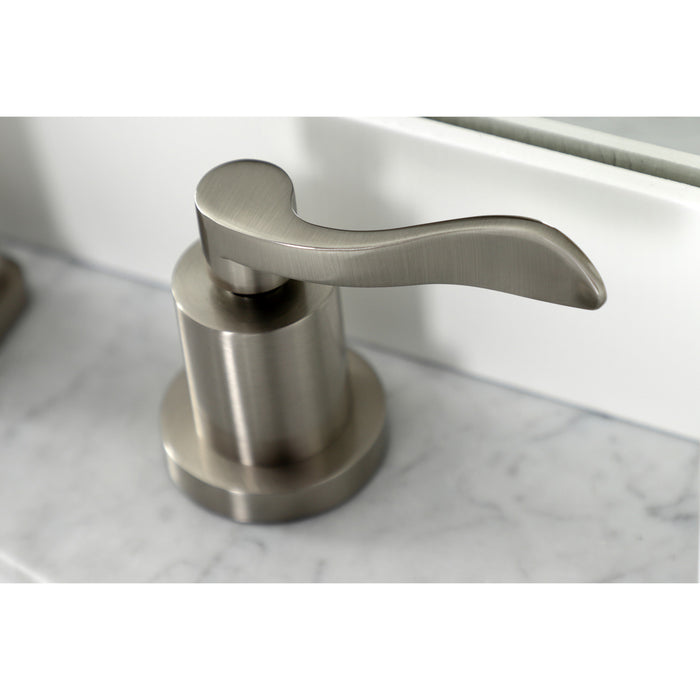 Kingston Tulare KS4948DFL - NuWave Two-Handle 3-Hole Deck Mount Widespread Bathroom Faucet with Brass Pop-Up, Brushed Nickel