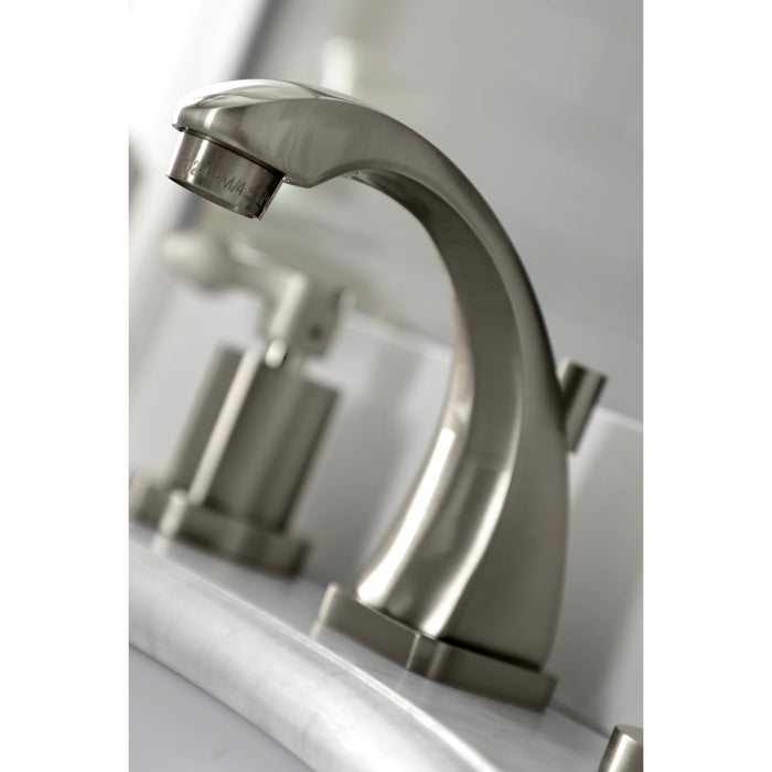 Kingston Tulare KS4948DFL - NuWave Two-Handle 3-Hole Deck Mount Widespread Bathroom Faucet with Brass Pop-Up, Brushed Nickel
