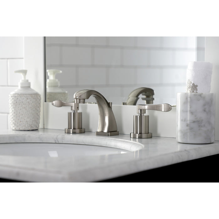 Kingston Tulare KS4948DFL - NuWave Two-Handle 3-Hole Deck Mount Widespread Bathroom Faucet with Brass Pop-Up, Brushed Nickel