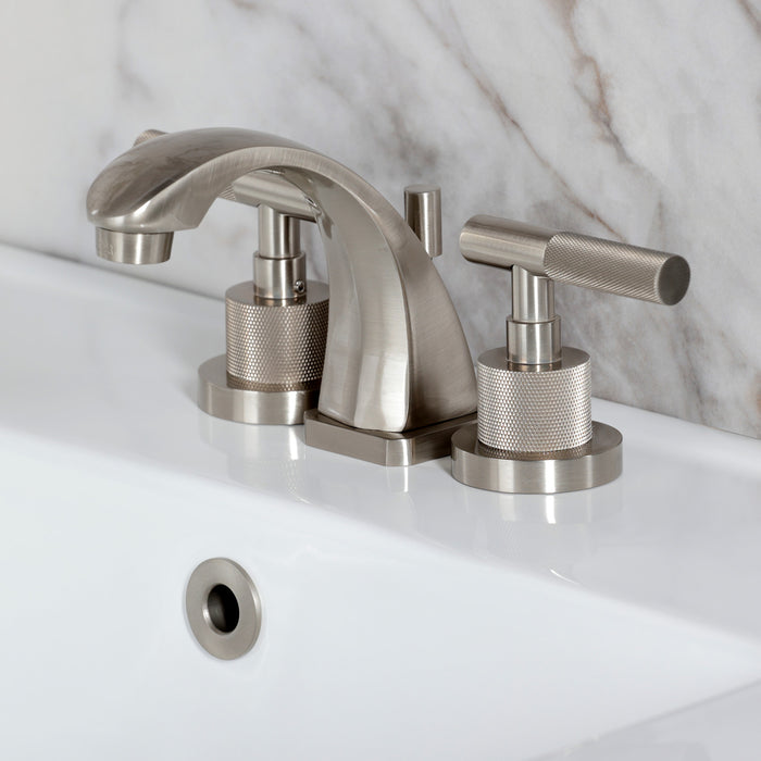 Kingston Sona KS4948KNL - Convergent Two-Handle 3-Hole Deck Mount Widespread Bathroom Faucet with Knurled Handle and Brass Pop-Up, Brushed Nickel