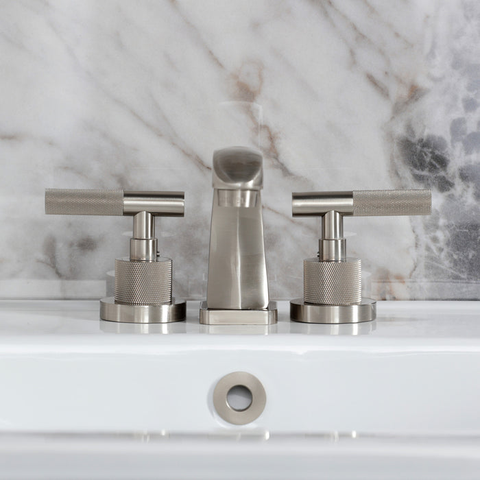 Kingston Sona KS4948KNL - Convergent Two-Handle 3-Hole Deck Mount Widespread Bathroom Faucet with Knurled Handle and Brass Pop-Up, Brushed Nickel