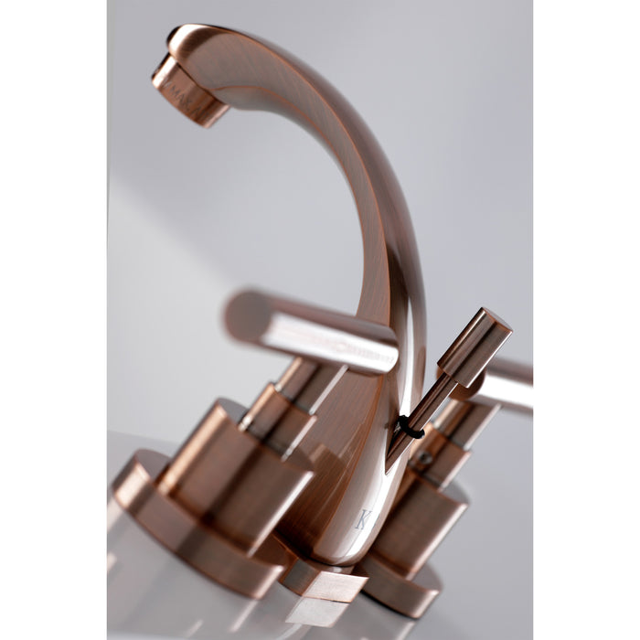 Kingston Tulare KS494CMLAC - Manhattan Two-Handle 3-Hole Deck Mount Widespread Bathroom Faucet with Brass Pop-Up, Antique Copper