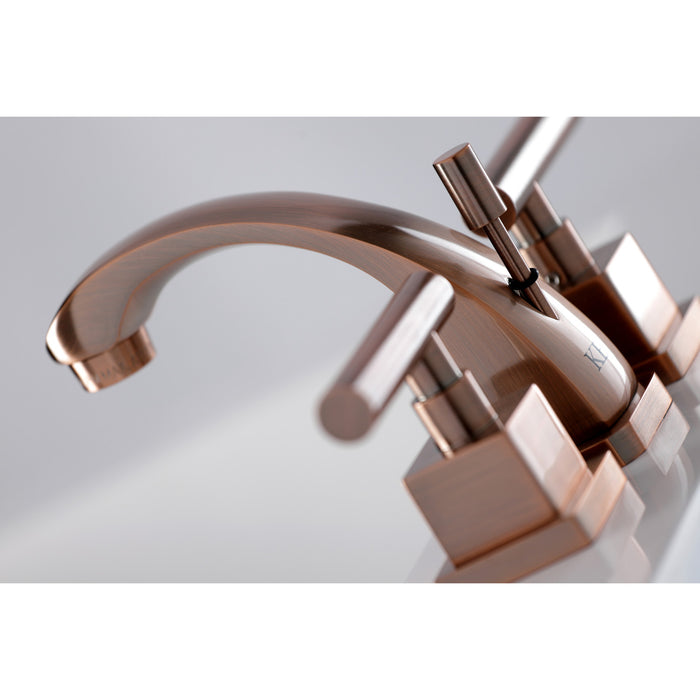 Kingston Sona KS494CQLAC - Claremont Two-Handle 3-Hole Deck Mount Widespread Bathroom Faucet with Brass Pop-Up, Antique Copper