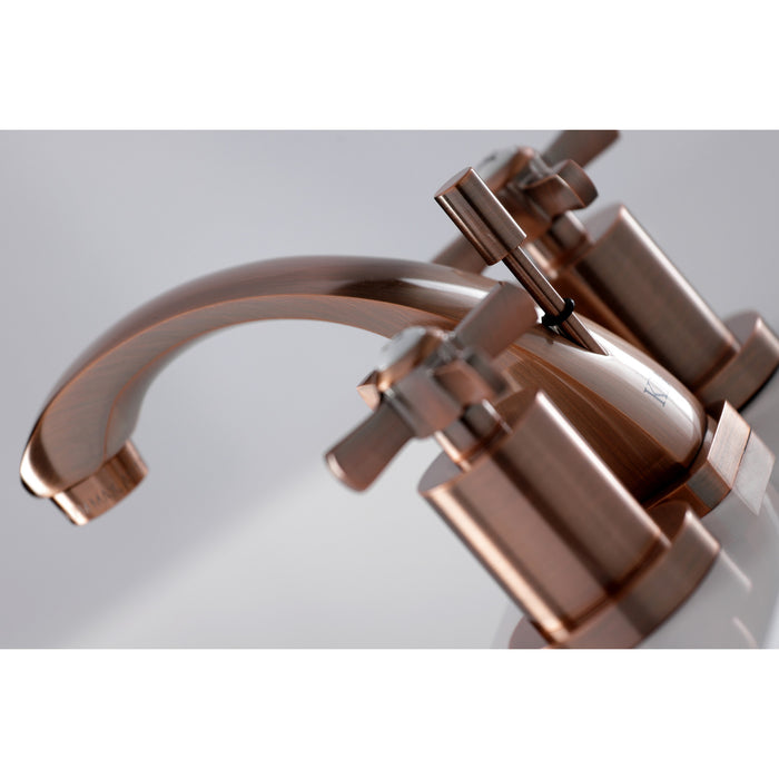 Kingston Tulare KS494ZXAC - Millennium Two-Handle 3-Hole Deck Mount Widespread Bathroom Faucet with Brass Pop-Up, Antique Copper