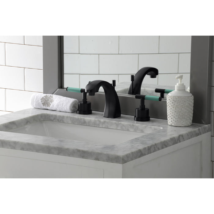 Kingston Sona KS4980CKL - Kaiser Two-Handle 3-Hole Deck Mount Widespread Bathroom Faucet with Brass Pop-Up, Matte Black
