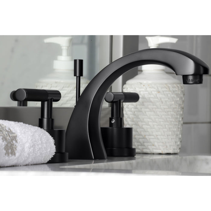 Kingston Sona KS4980CKL - Kaiser Two-Handle 3-Hole Deck Mount Widespread Bathroom Faucet with Brass Pop-Up, Matte Black