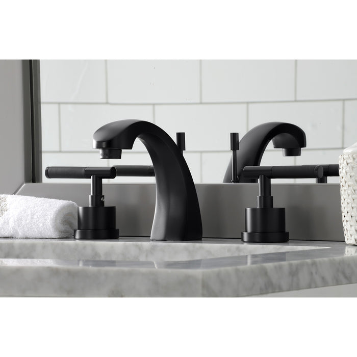 Kingston Sona KS4980CKL - Kaiser Two-Handle 3-Hole Deck Mount Widespread Bathroom Faucet with Brass Pop-Up, Matte Black