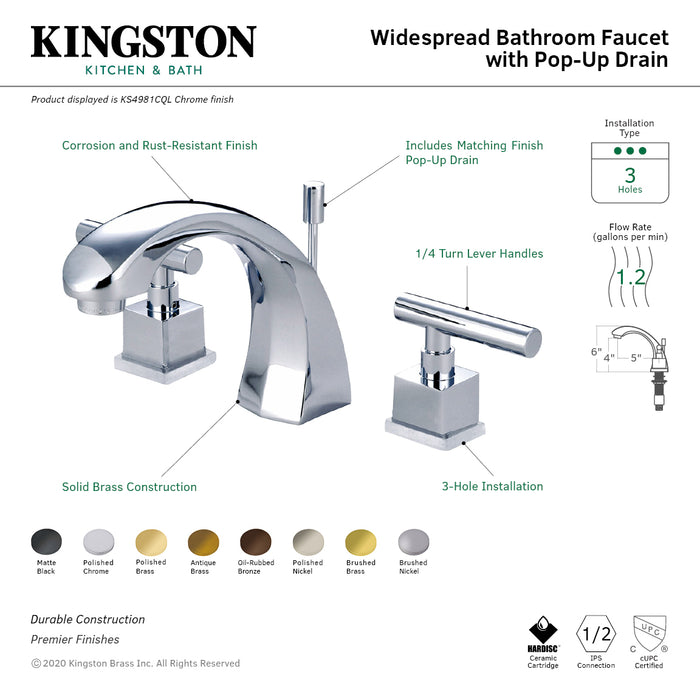 Kingston Sona KS4980CQL - Claremont Two-Handle 3-Hole Deck Mount Widespread Bathroom Faucet with Brass Pop-Up, Matte Black