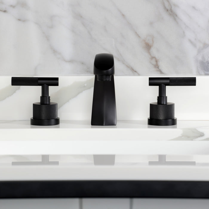 Kingston Sona KS4980KNL - Convergent Two-Handle 3-Hole Deck Mount Widespread Bathroom Faucet with Knurled Handle and Brass Pop-Up, Matte Black