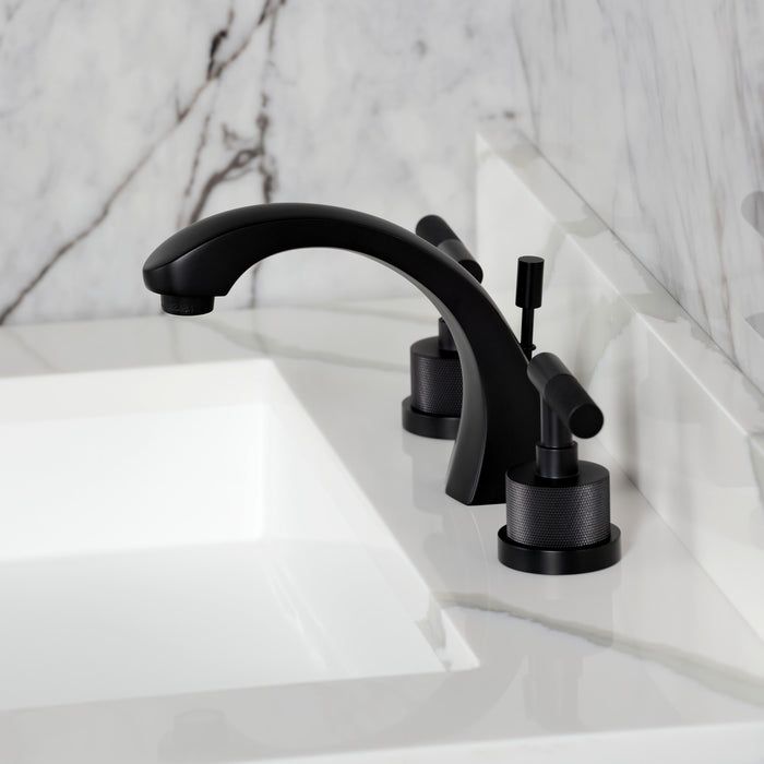 Kingston Sona KS4980KNL - Convergent Two-Handle 3-Hole Deck Mount Widespread Bathroom Faucet with Knurled Handle and Brass Pop-Up, Matte Black