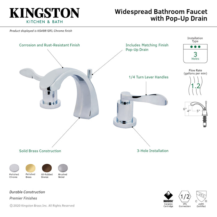 Kingston Tulare KS4981DFL - NuWave Two-Handle 3-Hole Deck Mount Widespread Bathroom Faucet with Brass Pop-Up, Polished Chrome