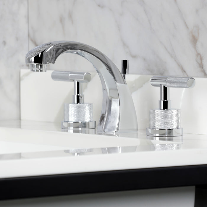 Kingston Sona KS4981KNL - Convergent Two-Handle 3-Hole Deck Mount Widespread Bathroom Faucet with Knurled Handle and Brass Pop-Up, Polished Chrome