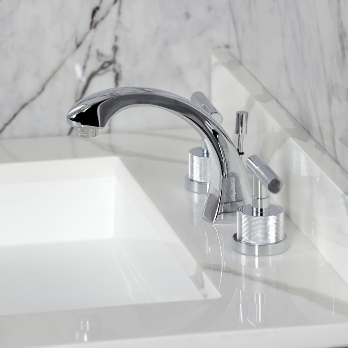 Kingston Sona KS4981KNL - Convergent Two-Handle 3-Hole Deck Mount Widespread Bathroom Faucet with Knurled Handle and Brass Pop-Up, Polished Chrome