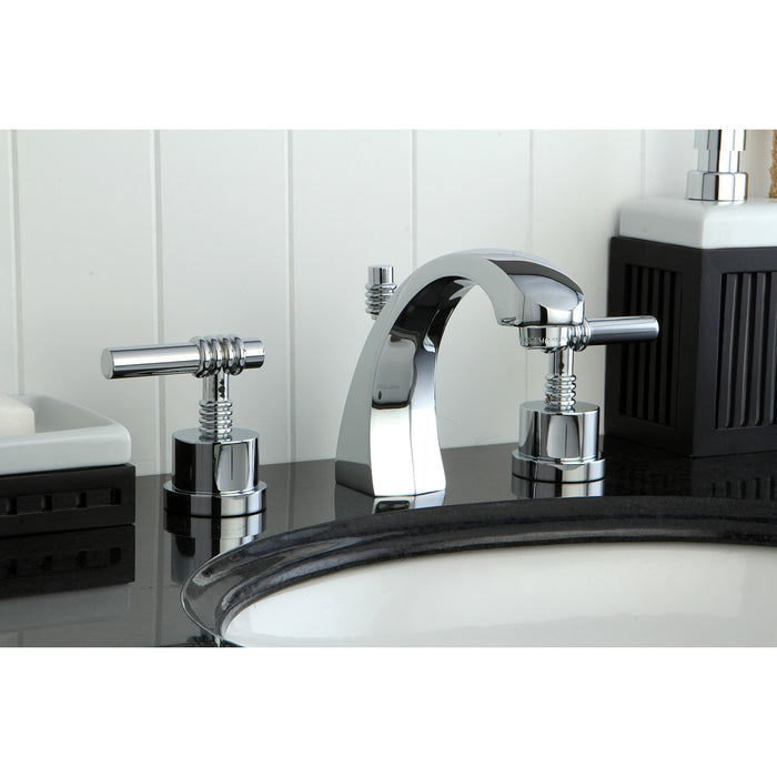 Kingston Tulare KS4981ML - Milano Two-Handle 3-Hole Deck Mount Widespread Bathroom Faucet with Brass Pop-Up, Polished Chrome